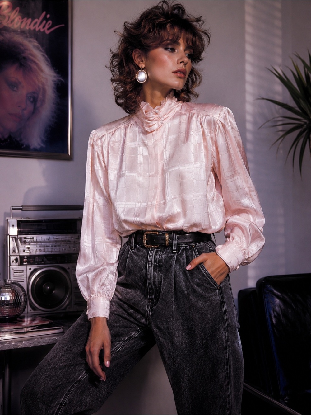 NWT Vintage Deadstock Yves St. Clair Pale Pink Satin High-Neck Blouse